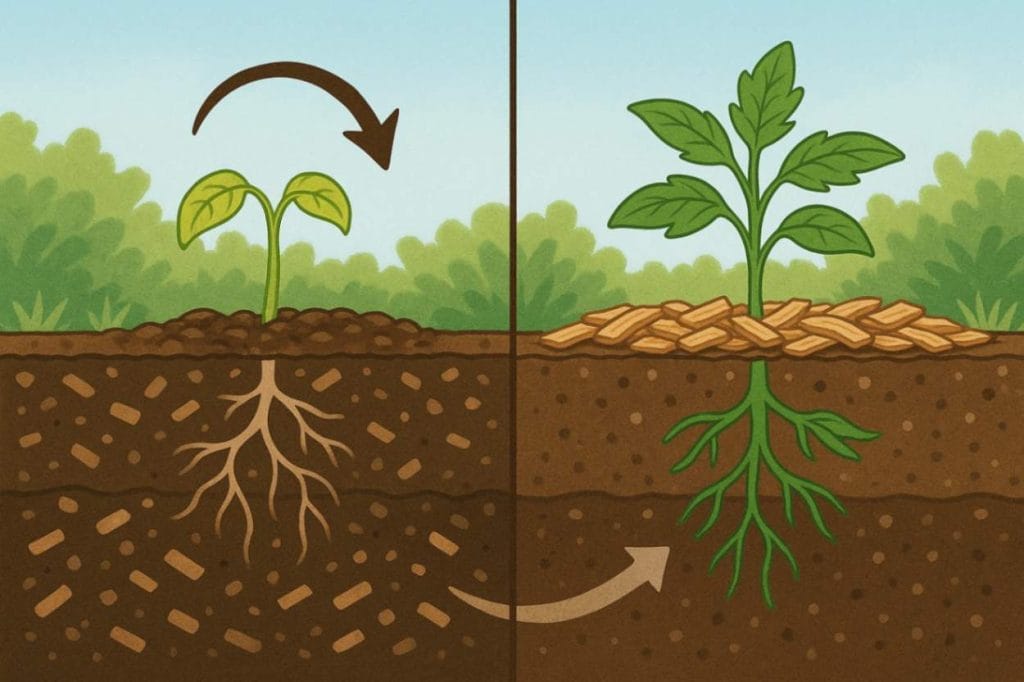 If you were to dig a big pile of fresh wood chips into a veggie bed, you could run into that nitrogen problem.